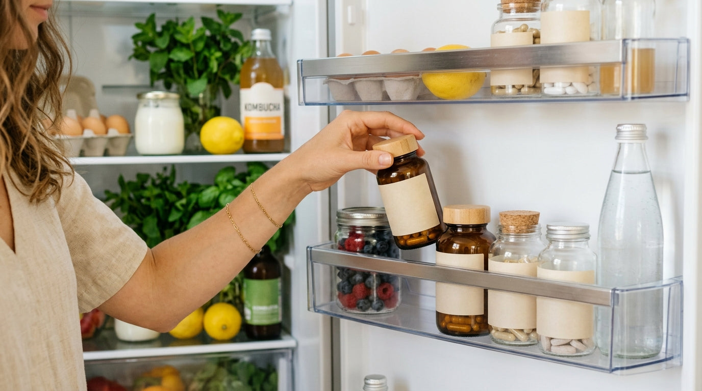 Someone taking a supplement bottle out of a refrigerator